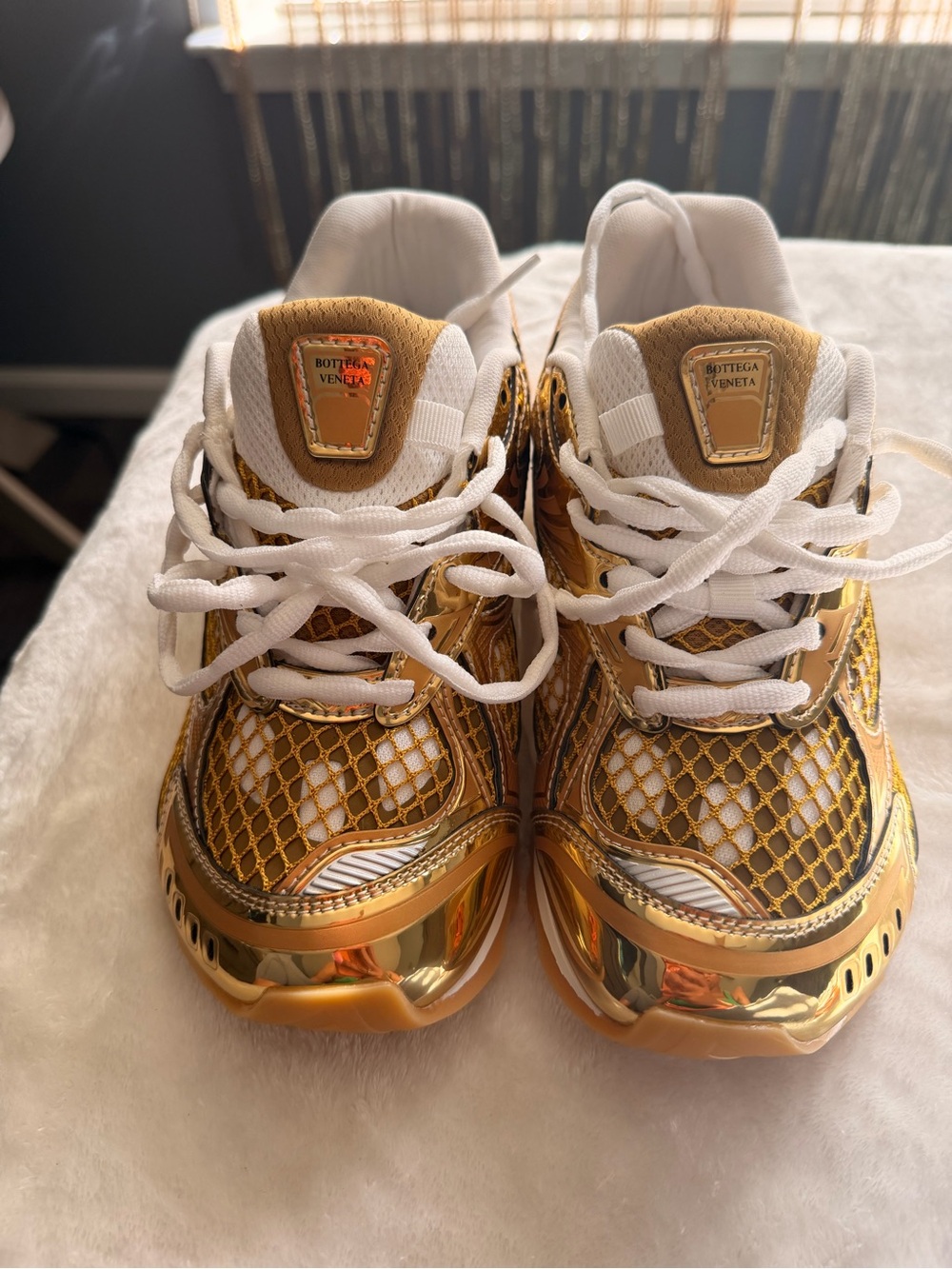 Bottega Veneta Metallic Gold and White Sneakers